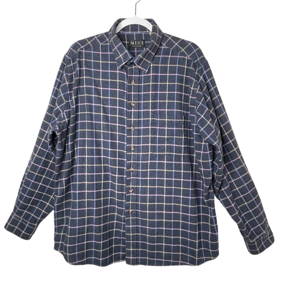 MINE Plaid Flannel Shirt 100% Cotton Window Pane Comfy Soft Preppy Navy Men XL